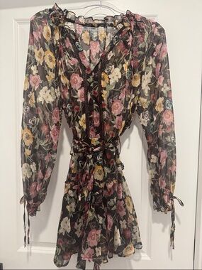 Zara Black Floral Sheer Long-Sleeve Wrap Mini Dress